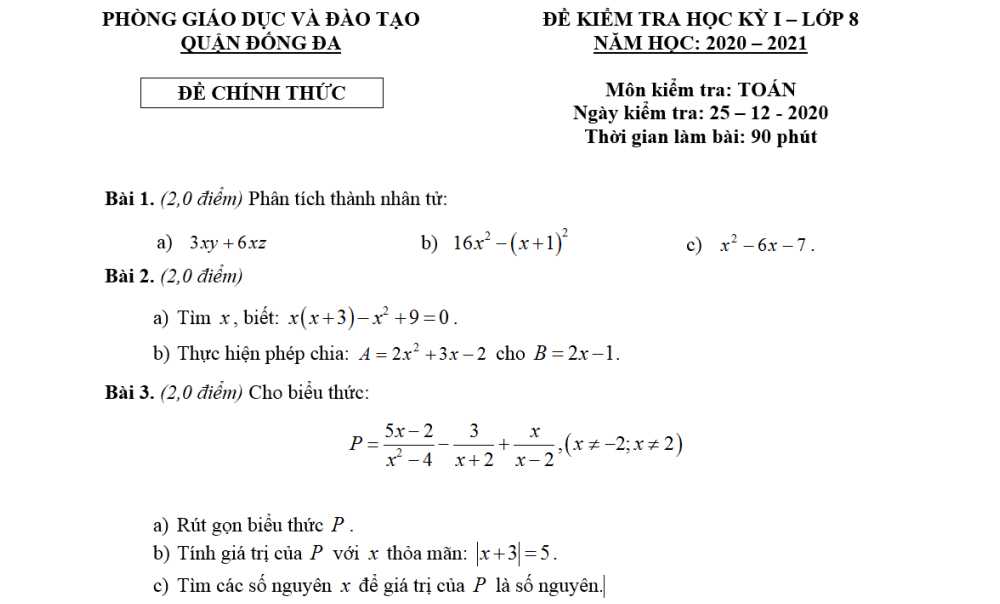 Toán 8-Đề kiểm tra cuối kì 1 Phòng GD&ĐT quận Đống Đa năm học 2020-2021